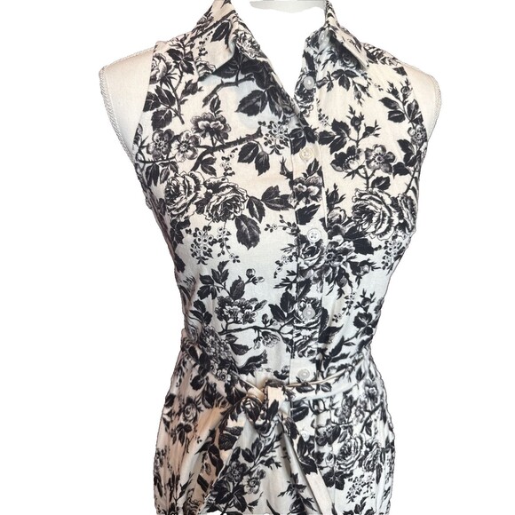 London Times Linen Floral Toile Tie Waist Dress Button Black White Size 4 - Picture 2 of 10